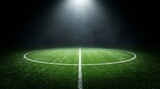 Textured soccer game field with neon fog - center, midfield. Dramatic Center Circle of Soccer Field at Night with Spotlight and Dark Copy Space