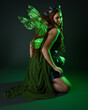 © faestock - portrait of female model wearing fantasy fairy costume, green dress, cloak, butterfly wings and crown. full length sitting pose, kneeling on floor, dark studio background.