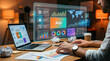 © StockSphere - Digital advertising and marketing analytics concept. professional analyzes ad performance dashboard, showcasing customer engagement insights, social media strategy, audience targeting, ROI measurement