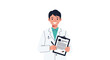 © Naim - A smiling male doctor in a white lab coat holding a clipboard and pen while standing against a pristine white background in a professional setting.