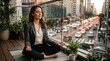 © mashimara - Businesswoman meditating on balcony overlooking busy city street at sunset