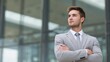 © CHI - leader. Confident businessperson in grey suit against a softly blurred office background. pitch deck slides, case study pages, designed for enterprise HRIS and productivity software interfaces.