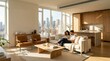 © mashimara - Couple relaxing in a modern apartment with city views and natural light