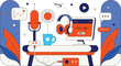 © Badal Ahmed - Modern podcast recording setup with microphone headphones and computer screen