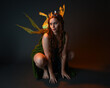 © faestock - portrait of female model wearing fantasy fairy costume, green dress, cloak, butterfly wings and crown. full length sitting pose, kneeling on floor, dark studio background.