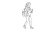 © numa - Continuous line drawing of a young woman walking with a backpack.