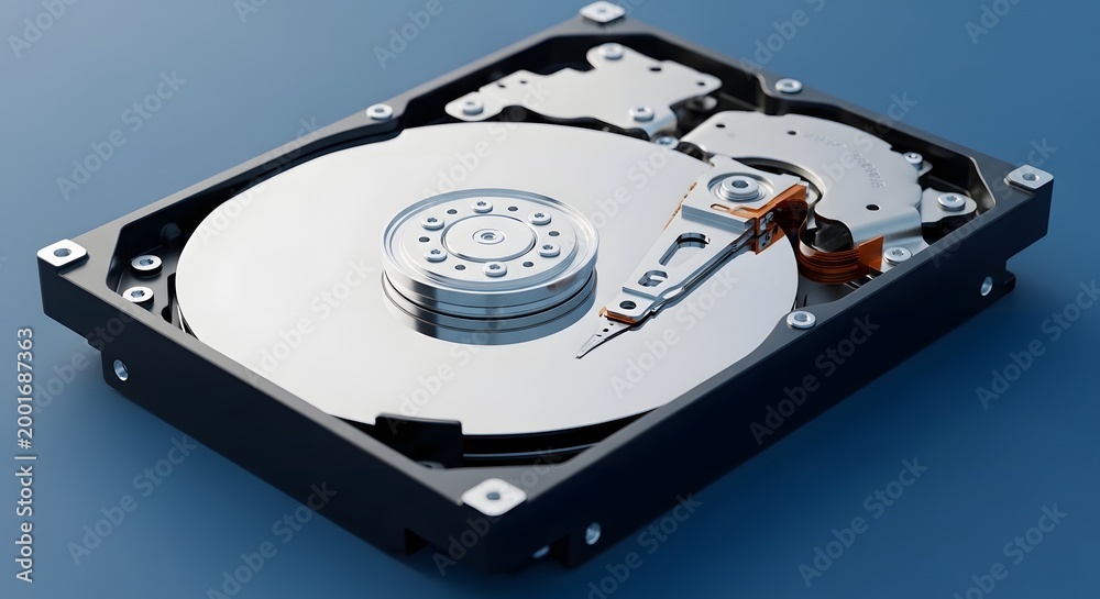 Hard Drive Computer Function Internal mechanism of computer hard drive showing disk and reader arm ...