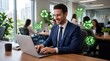 © muhammadhasnain - A smiling businessman in a blue suit works on a laptop in a modern office with eco-friendly icons floating around him.