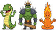 © MdMonirul - Cartoon Fantasy Monster Character Set — Crocodile, Armored Orc Warrior, and Fire Spirit Mascot Illustration