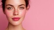 © StasySin - Soft pink background enhances serene beauty. Model gazes gently forward with calm expression. Glowing lines trace facial contours softly. Ideal for skincare or wellness branding