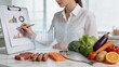 © Henry - Business woman analyzing nutritional data diet planning charts on clipboard holographic health statistics interface overlay fresh food ingredients including salmon meat vegetables