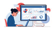 © Michael - Female data analyst working on laptop in front of a giant screen displaying various colorful pie charts and statistical data.