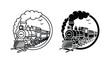 © Mystic - Vintage steam locomotive train inside circular frame line art and solid silhouette icon set for transportation themes