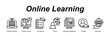 © galangfr - Online Learning web banner icon concept for with icon of Online Learning, Online Course, Course List, Enroll, Learning Dashboard, Profile, Resource.