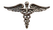 © 3D Demo Stock - medical symbol cutout of winged staff with serpent, polished healthcare emblem with refined metallic detail, sharp focus, clean edges high definition, isolated on white background