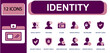 © Mellisa - Identity icon set. Containing digital ID, ID card, private profile, secure mind, security check, shield, user protection, verified profile, verified user and more. Solid fill vector icons.