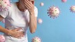 © Violet - Young adult woman facepalm gesture in distress holding stomach pain discomfort nausea flu symptoms virus concept illustration coronavirus pandemic medical health background