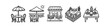 © Nort Kor - Set of hand-drawn vector icons depicting outdoor cafe and restaurant dining scenes, including patio seating, sidewalk tables, and terrace views in a minimalist line art style.