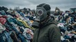 © Kristina - Woman wearing gas mask standing at textile landfill. Global fashion pollution and waste crisis. Ecology emergency environmental hazard. Concept of unsustainable clothing consumption.