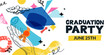© Qualit Design - Graduation party invitation banner. Vector collage with sketch hand, diploma scroll and academic mortarboard hat