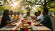 © antuanetto - Diverse African American community gathering for freedom and human rights at a Juneteenth outdoor picnic celebration for heritage and equality concept in golden hour light
