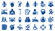 © Iconique Studio - Collection of blue icons representing health wellness and medical conditions with symbols for body pain sleep mental health and therapy