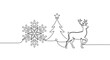© ELIUNMENT - Continuous line drawing of a snowflake, Christmas tree with star, and a reindeer walking in a festive winter scene, celebrating the holiday season in a minimalist style