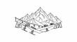 © Yaudah - Stylized line art depicts a mountain ski resort with skiers, chalets and cable cars