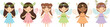 © St - Diverse group of six cartoon fairy girls in different colored dresses and flowers in their hair standing in a row
