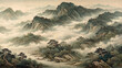 © nekomocchi32 - Majestic Mountain River Landscape with Mist Clouds Migrating Birds and Lone Boatman – Classical Chinese Painting Style