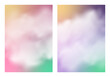 © alma - Abstract summer poster templates. Vibrant rainbow multicolor background with white clouds and soft steam. Set of 2 A4 layouts with copy space for text, gradient design for social media, banner, cover.