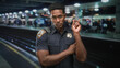 © Krakenimages.com - Man police officer in uniform displays badge and points index finger near face on crowded platform inside building; duty vigilance.