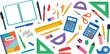 © MDRIFAT - Back to school education stationery vector set with notebooks rulers calculators pens pencils markers scissors and math tools for student learning and classroom activities.