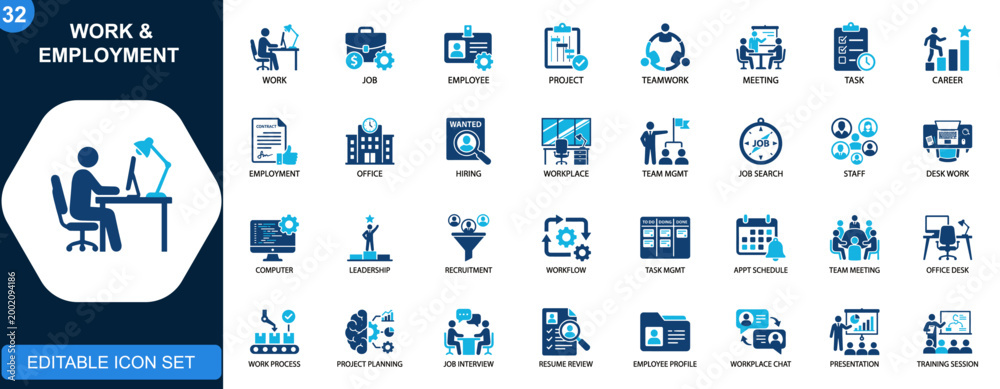 Work and employment icon set, job roles, employee, project, teamwork ...