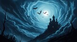 Haunted castle under a stormy night sky with flying bats