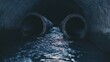 © Solaz - Industrial wastewater leaking from concrete pipes into a murky river, wide angle environmental pollution scene