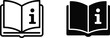 © Md - Instruction manual book icon set with information symbol featuring open textbook pages in line and silhouette glyph styles