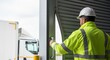 © realis - Construction worker in reflective jacket and hard hat opens a large industrial metal roller door
