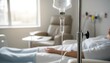 © antuanetto - Close-up of an intravenous drip bag with a patient receiving chemotherapy treatment in a bright clinical hospital room for a healthcare and medical recovery concept