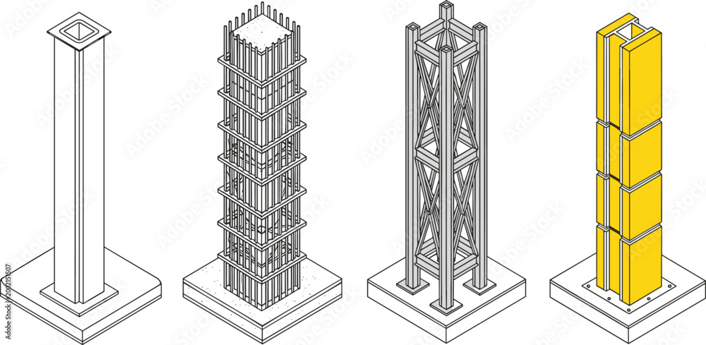Detailed 3D illustration showing four different structural column types ...