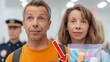© Nataliia_Trushchenko - Caucasian couple standing in airport security line holding clear bag of toiletries, with TSA officer visible in the background and bright indoor lighting