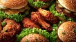 © Oleh - Hamburger buns with sesame seeds, cheese, pickles, and lettuce are arranged with various pieces of golden fried chicken wings, creating a delicious assortment of junk food