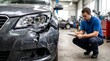 © haemye - Claims adjuster documenting severe damage on dark grey car bumper in repair garage, concept for insurance claims handling, auto repair quotes and collision documentation