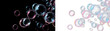 © S A H I N  - Transparent flying soap bubbles on checker background with many colorful reflections.