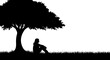 © Digital - Silhouette of a young woman sitting peacefully under a large tree in the meadow