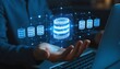 © Jubayer - Engineer holding database icons, representing data integration, ETL processes, data pipelines, and centralized data warehouse solutions for efficient data management and data connection concept