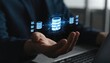 © Jubayer - Engineer holding database icons, representing data integration, ETL processes, data pipelines, and centralized data warehouse solutions for efficient data management and data connection concept