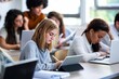 © homeganko - Students Taking Notes and Working on Laptops in a Classroom During a Study Session in the Morning