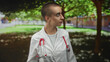 © Krakenimages.com - Woman doctor with stethoscope looking right by a building, short buzzcut hair, white lab coat and relaxed posture, standing under tree shade on a campus path; calm resolve.