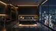© Eugen - Luxurious modern bedroom interior with panoramic city skyline view at night. Urban living space design concept for high-end home decor inspiration.